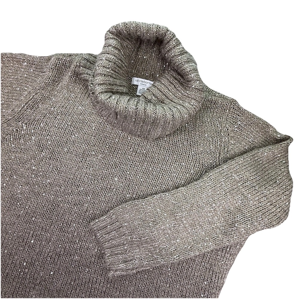 Liz Claiborne Cowl Neck Long Sweater Beige Gold Knit Size‎ 2X Holiday Beautiful